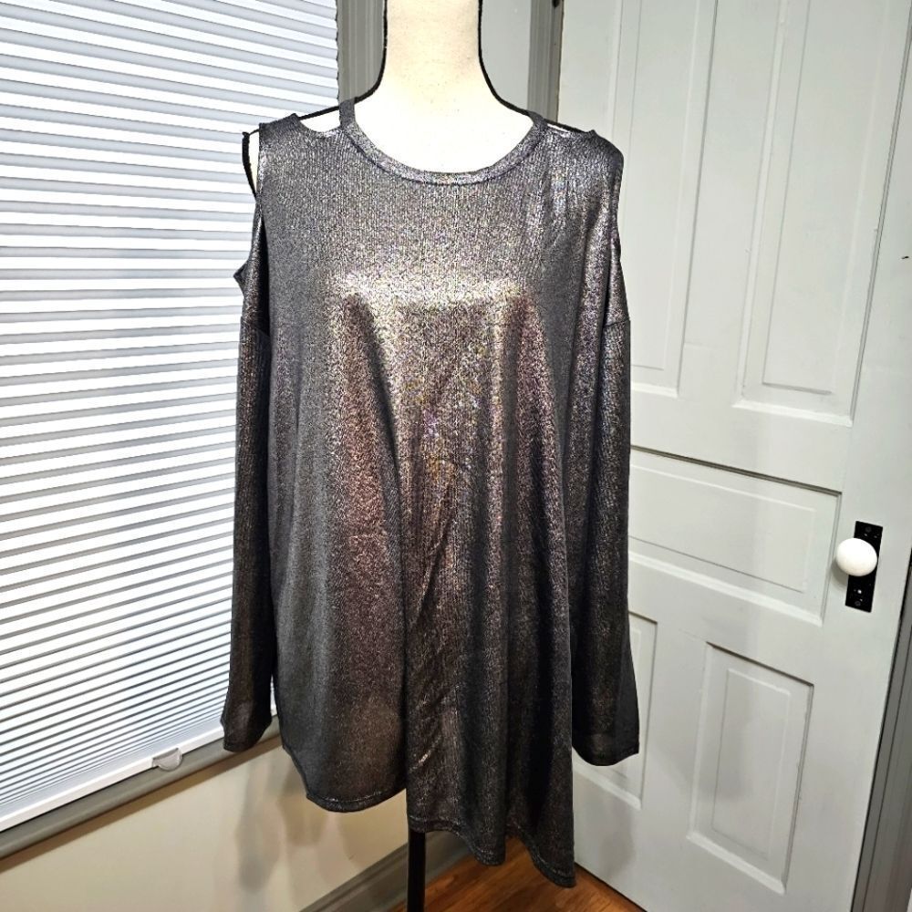 Avenue Metallic Black Asymmetrical Cut Out Shoulder Top